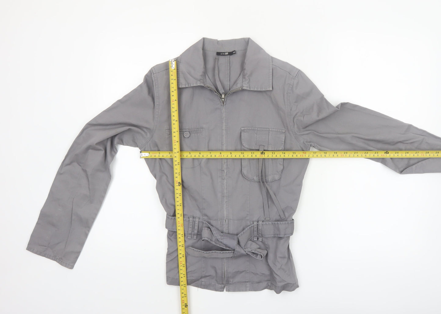 Autre Ton Womens Grey Cotton Utility Jacket Size 8 Belted Zip Up