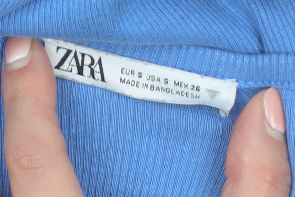 Zara Women Blue Ribbed Cotton Bodycon Midi Dress Size S