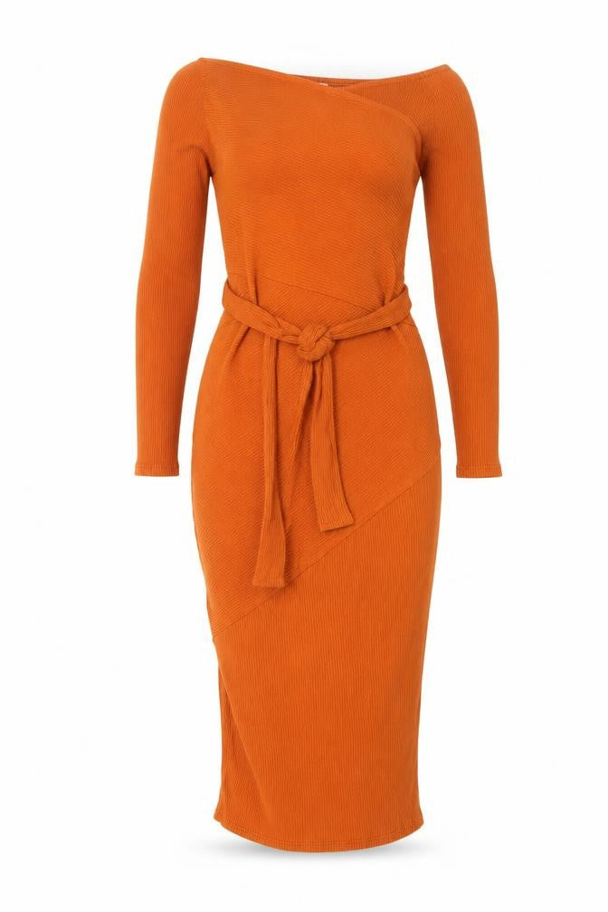 River Island Women’s Orange Off Shoulder Midi Bodycon Dress Size 10
