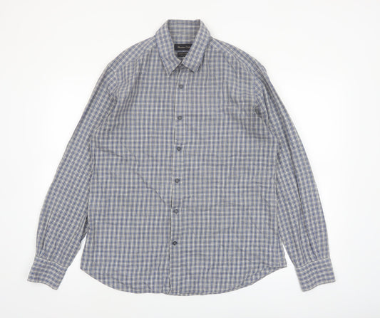 Massimo Dutti Men's Blue Check Button-Up Shirt Size L Long Sleeve Cotton