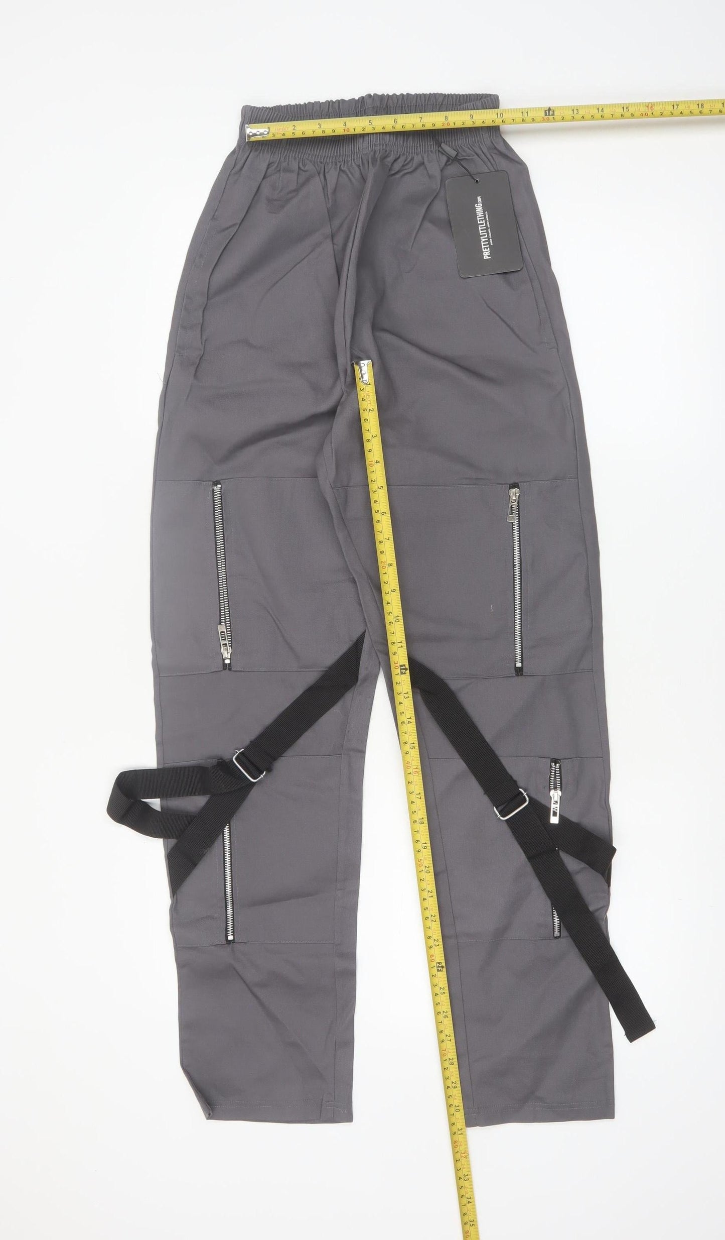 PrettyLittleThing Women Grey Cargo Trousers UK 4 Utility Zip Strap Pants