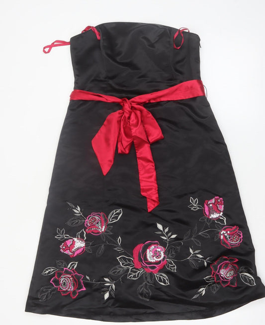 Début Womens Black Red Floral Embroidered Strapless Knee Dress Size 12
