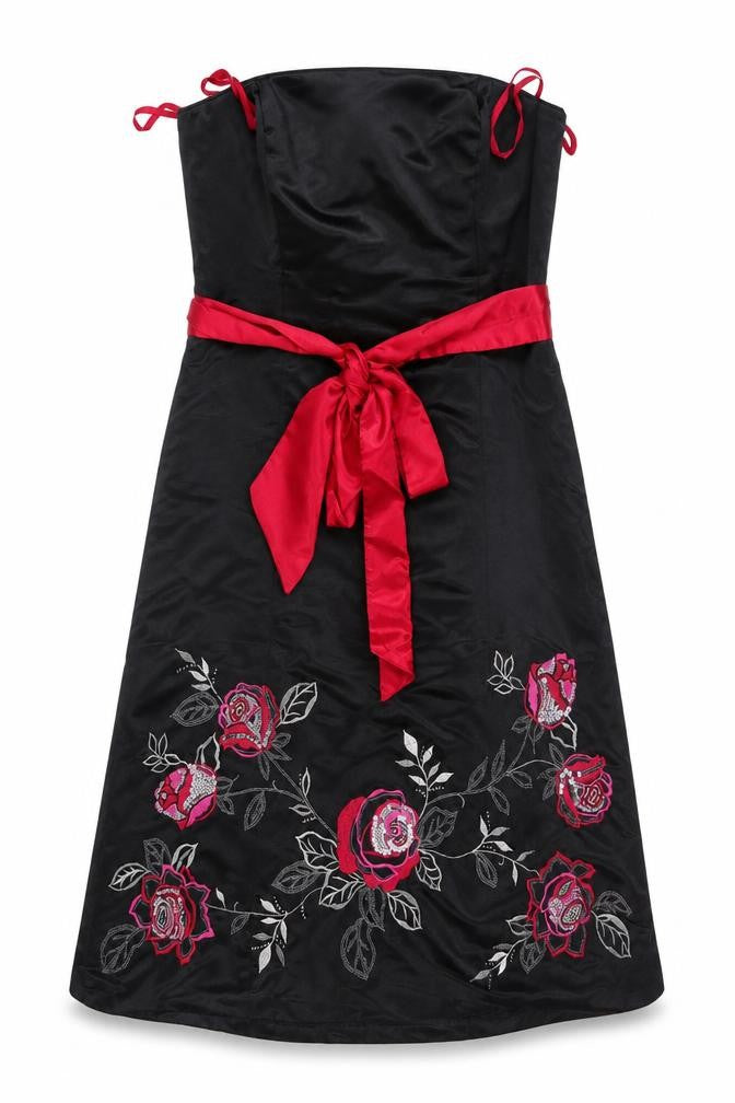 Debut Womens Black Red Floral Embroidered Strapless Knee Dress Size 12