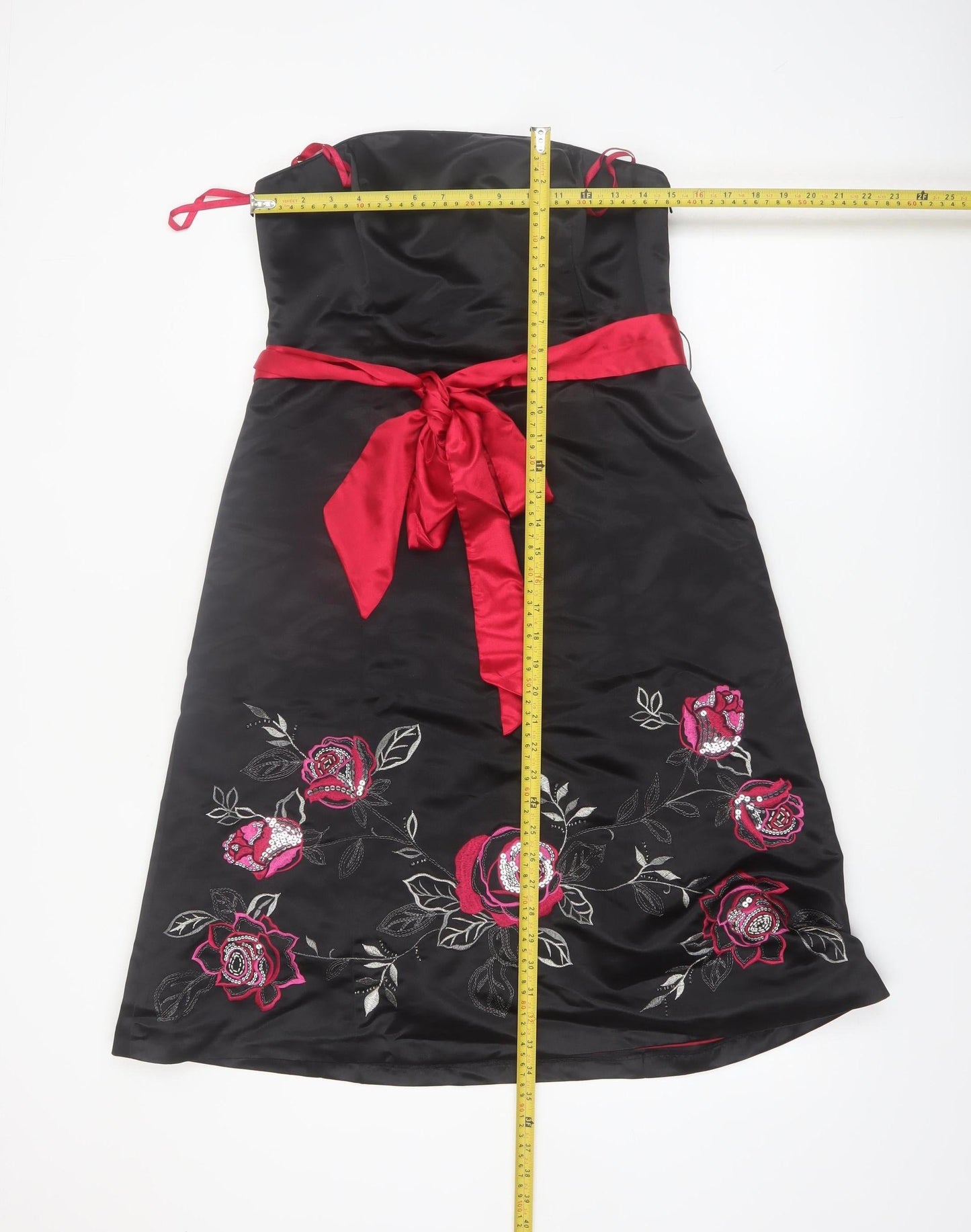 Début Womens Black Red Floral Embroidered Strapless Knee Dress Size 12