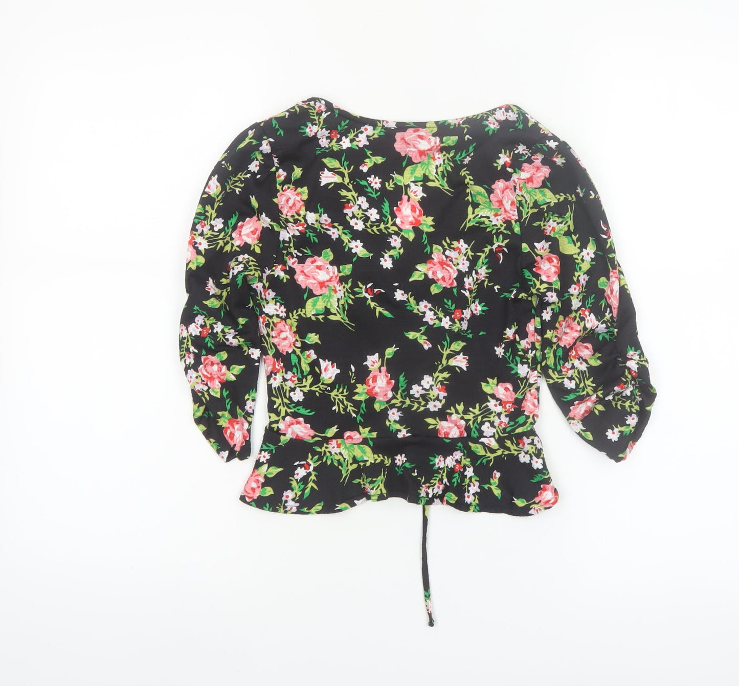 Topshop Petite Women's Black Floral V-Neck Ruched Tunic Blouse UK 6