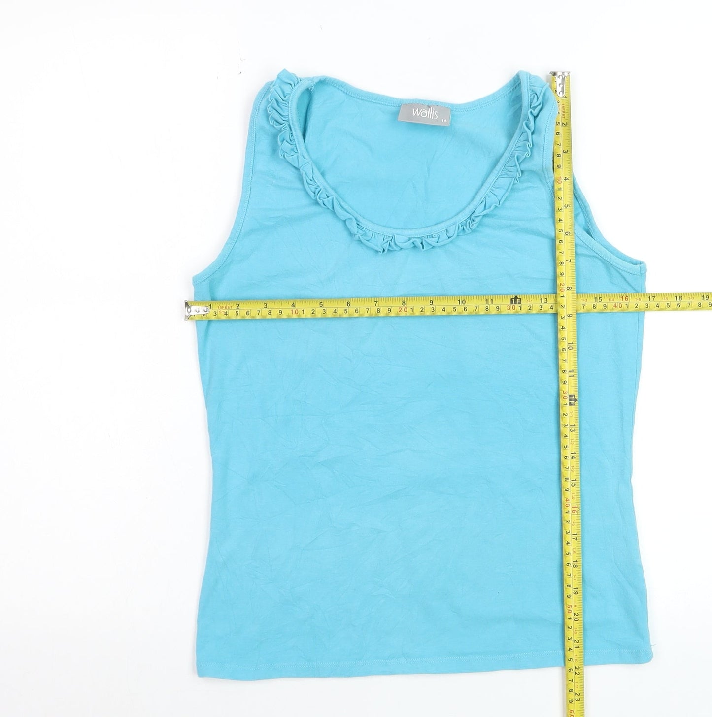 Wallis Women Blue Cotton Blend Ruffle Neck Sleeveless Tank Top Size 14