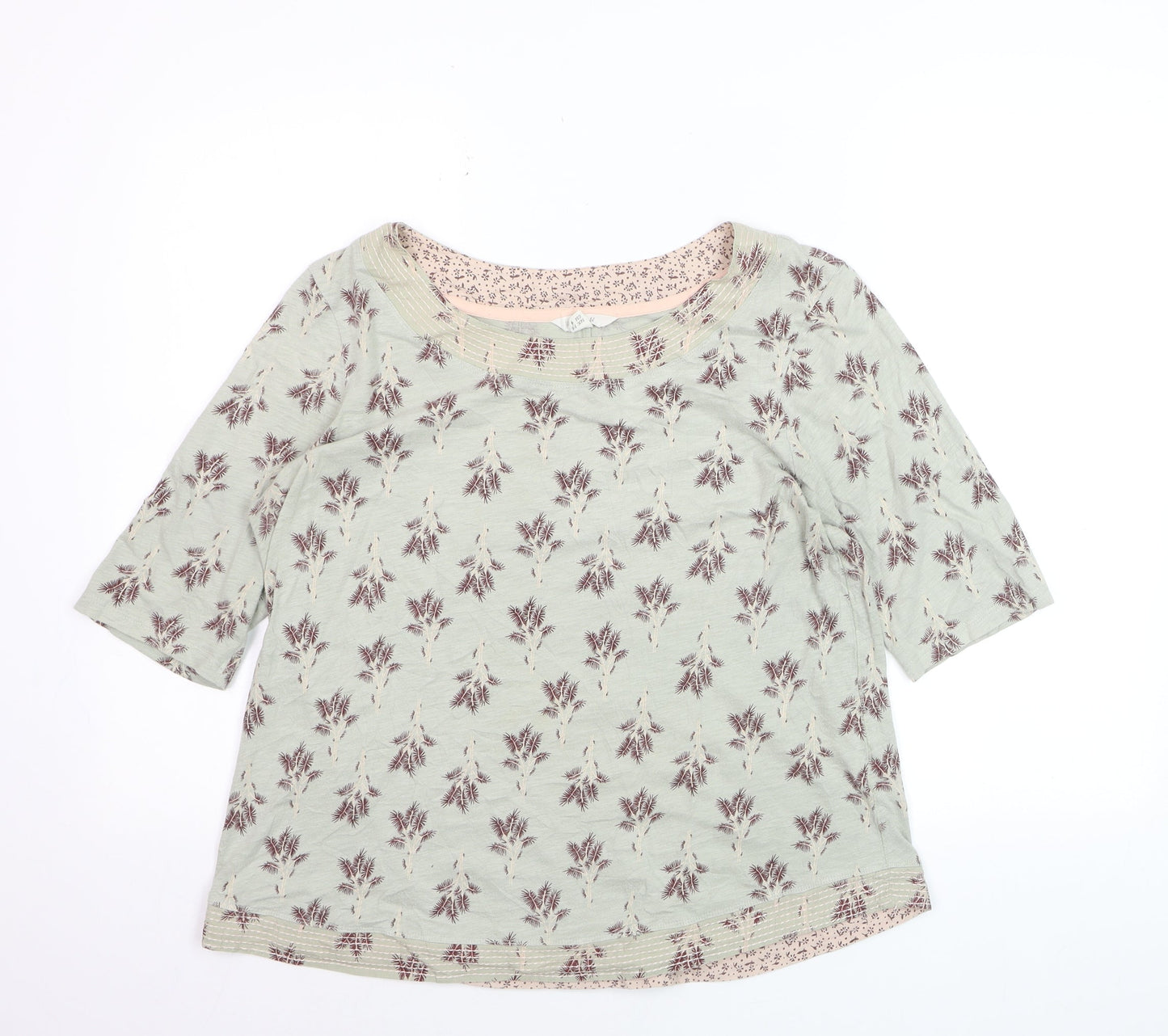 White Stuff Womens Green Floral Jersey Top UK 14 3/4 Sleeve