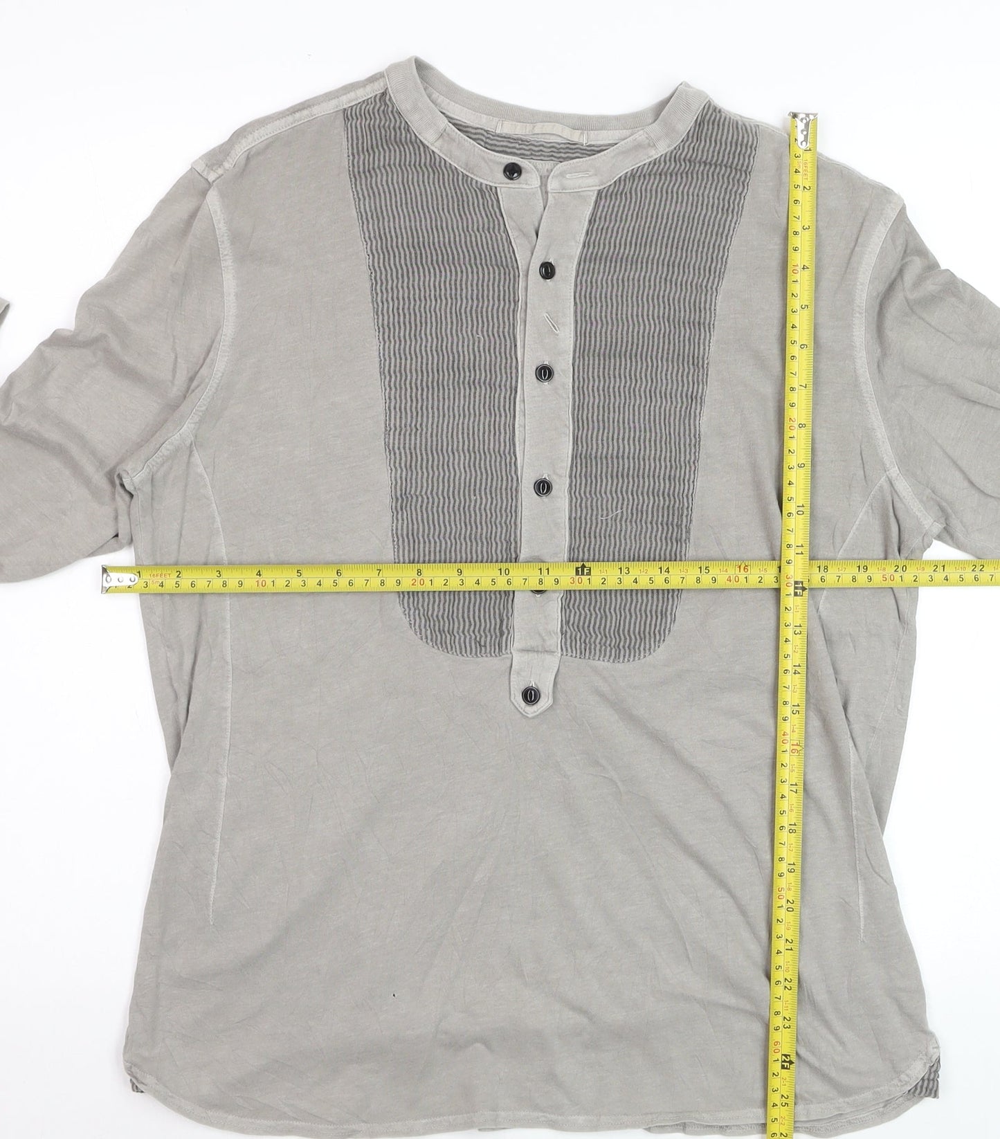 AllSaints Men’s Grey Cotton Henley Shirt M Long Sleeve Casual