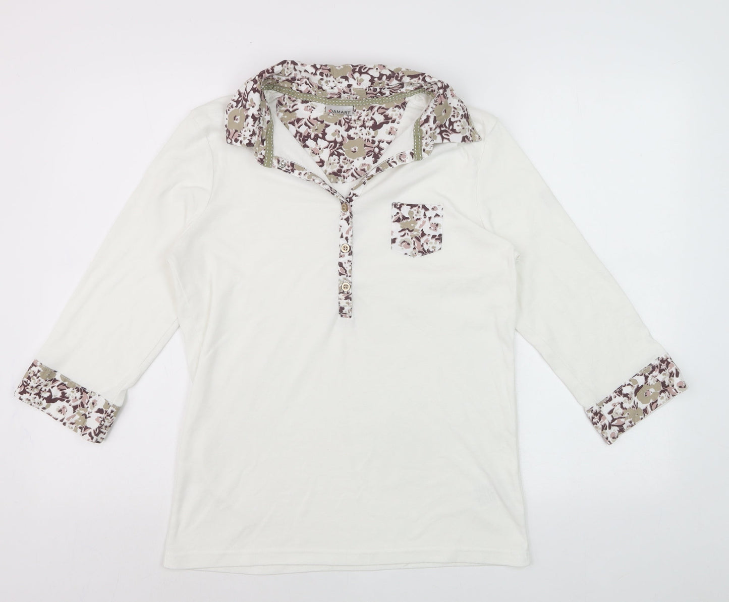 Damart Women's Ivory Floral Trim Collared 3/4 Sleeve Polo Top Size 14