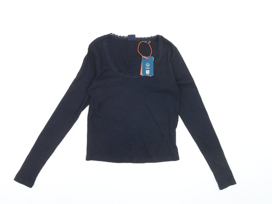 Superdry Women’s Blue Long Sleeve Cotton Blend Scoop Neck Top S