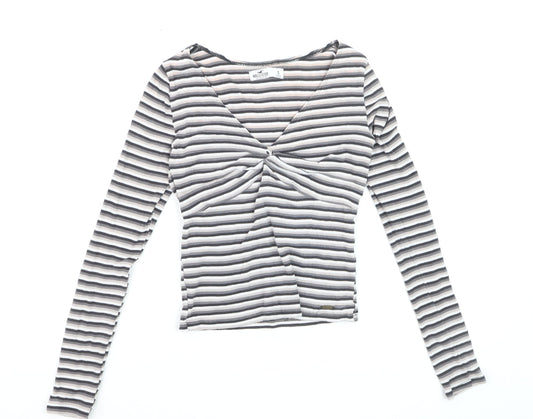 Hollister Women's Multicoloured Striped Cropped V-Neck Long Sleeve Top - Size S