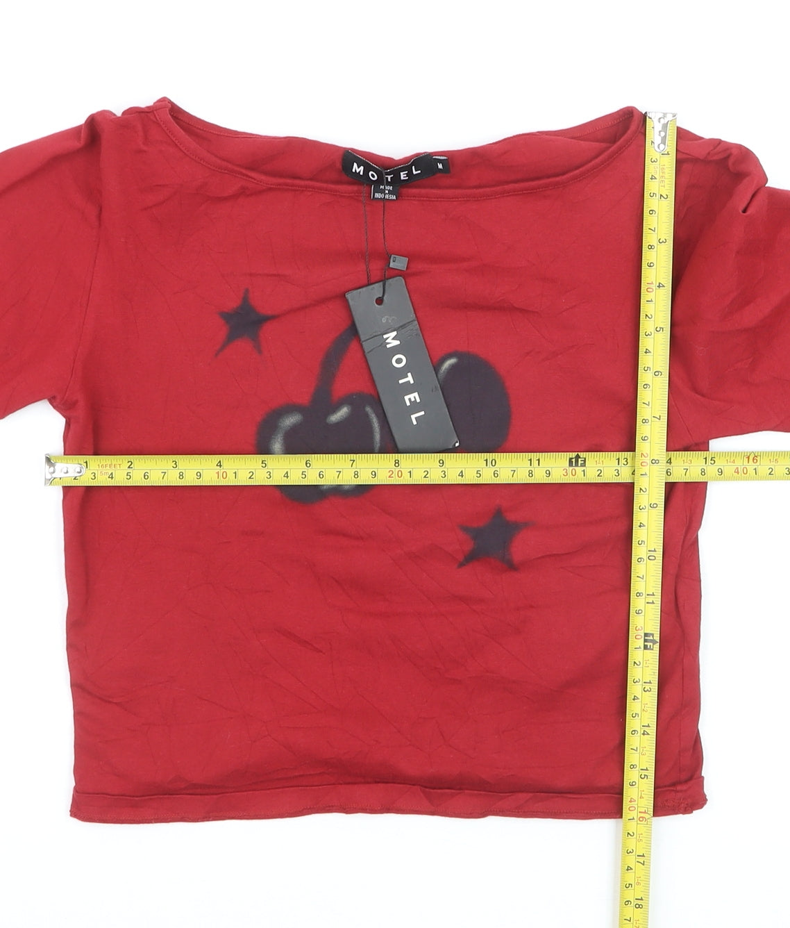 Motel Women's Red Cropped Long Sleeve Cherry T-Shirt Size M