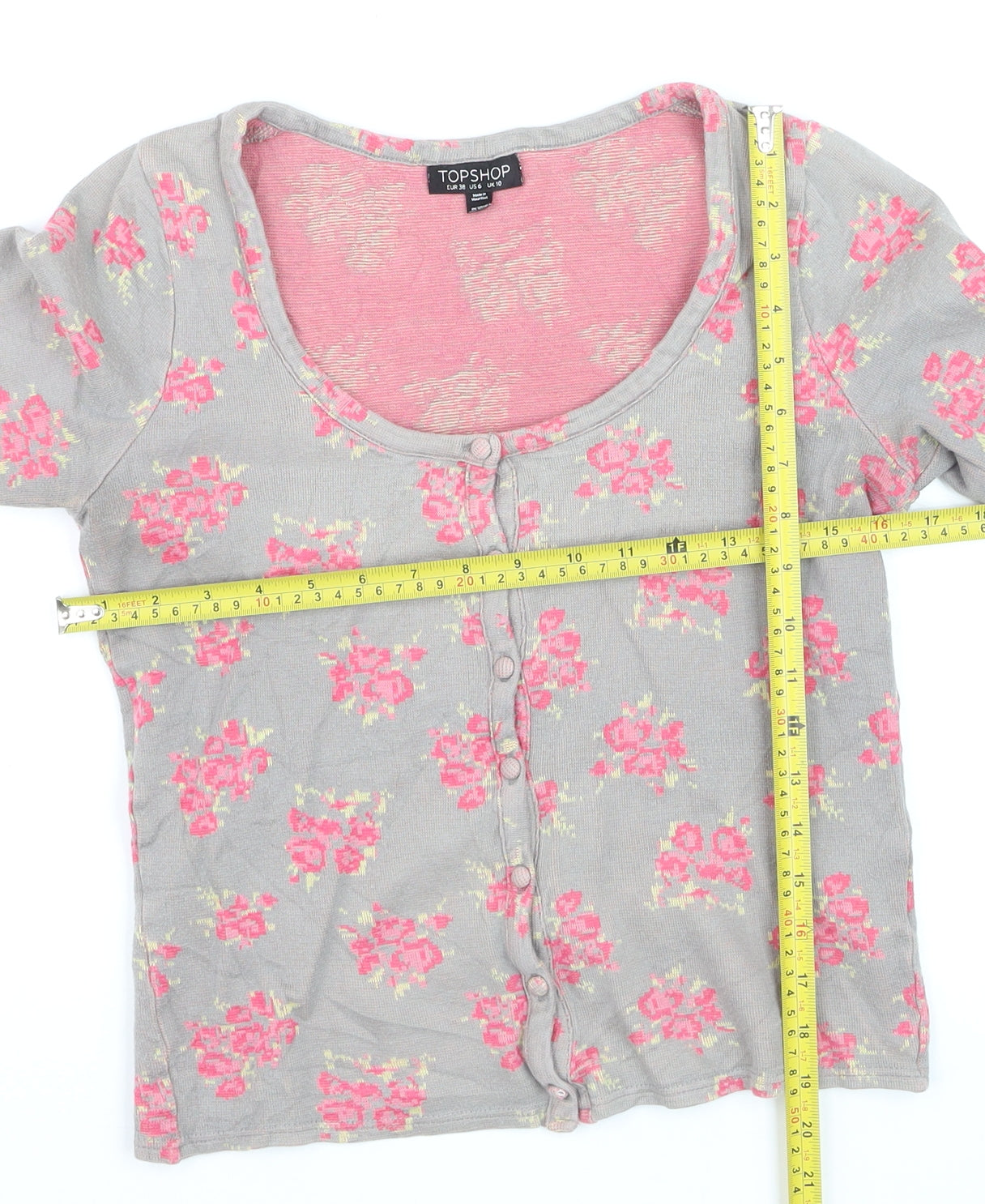Topshop Women's Grey Floral Button-Up Crop Top Size 10