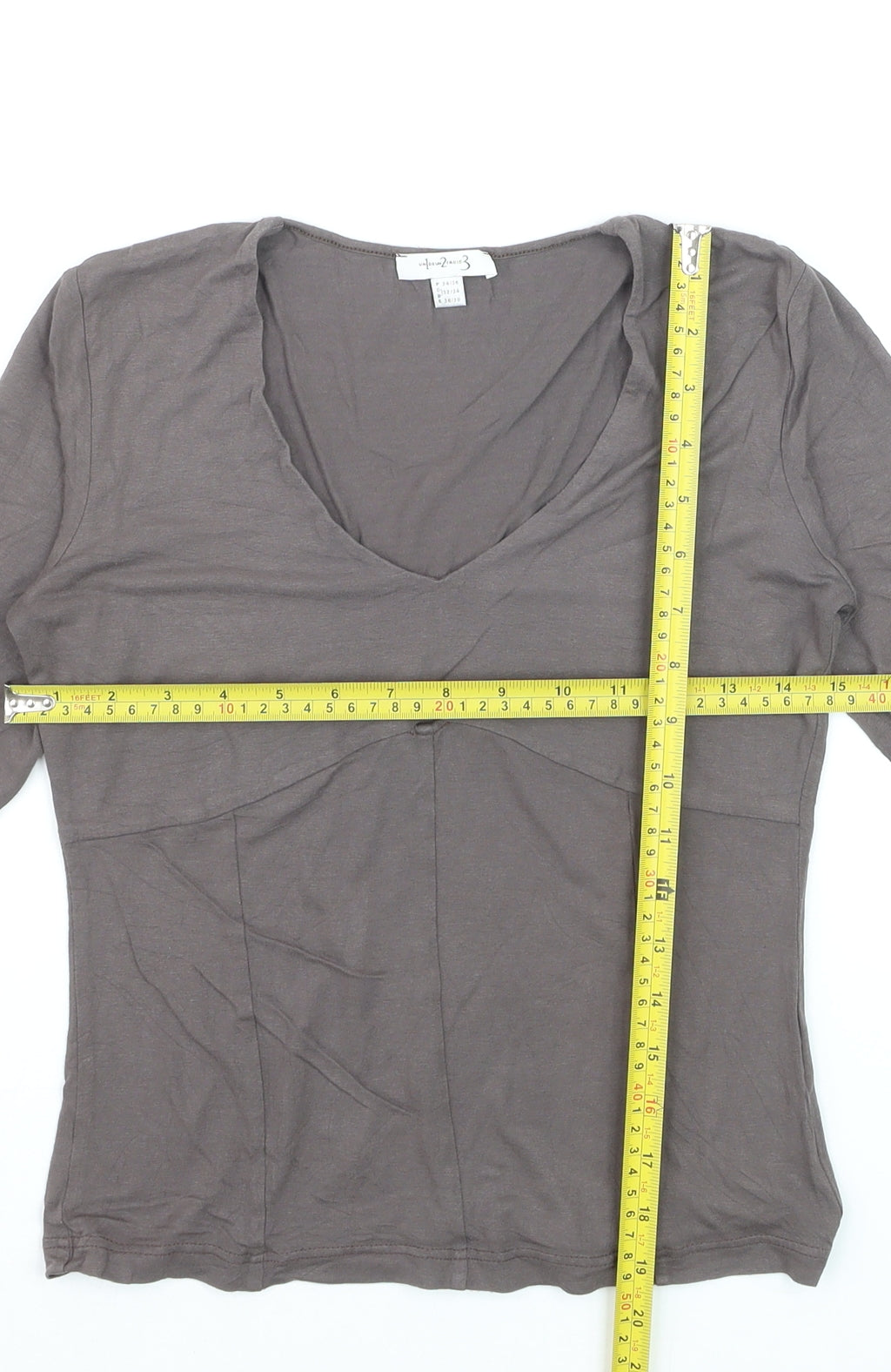 un deux trois Women’s Brown V-Neck 3/4 Sleeve Cotton T-Shirt Size 6