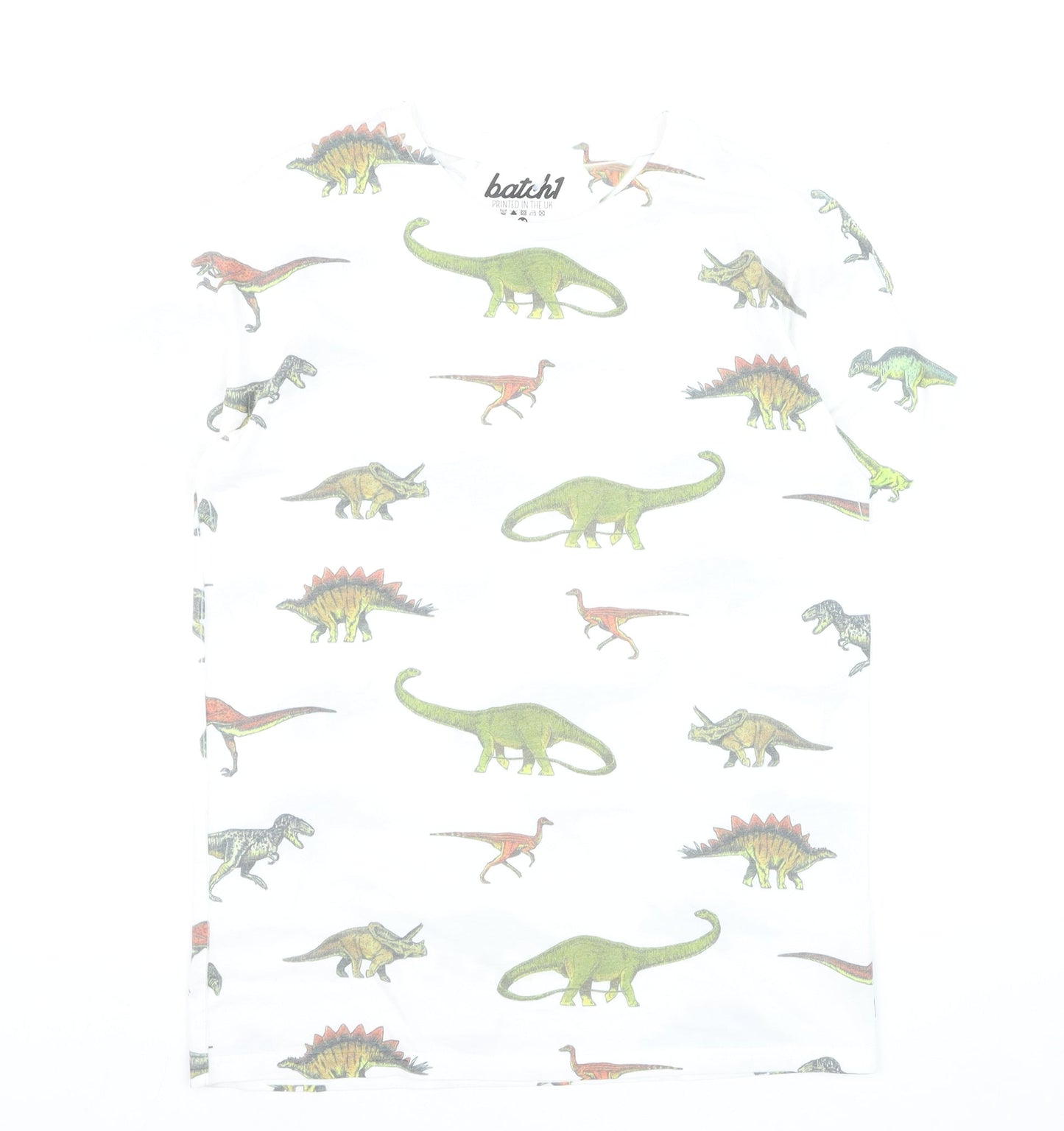Batch1 Men's White Dinosaur Print Short Sleeve T-Shirt M Regular Fit