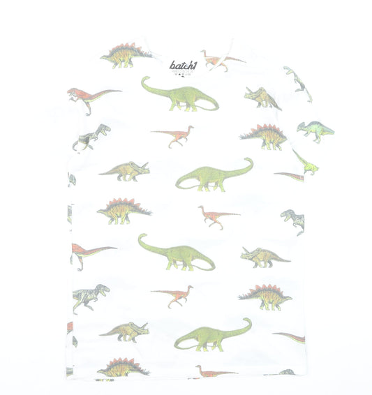 Batch1 Men's White Dinosaur Print Short Sleeve T-Shirt M Regular Fit