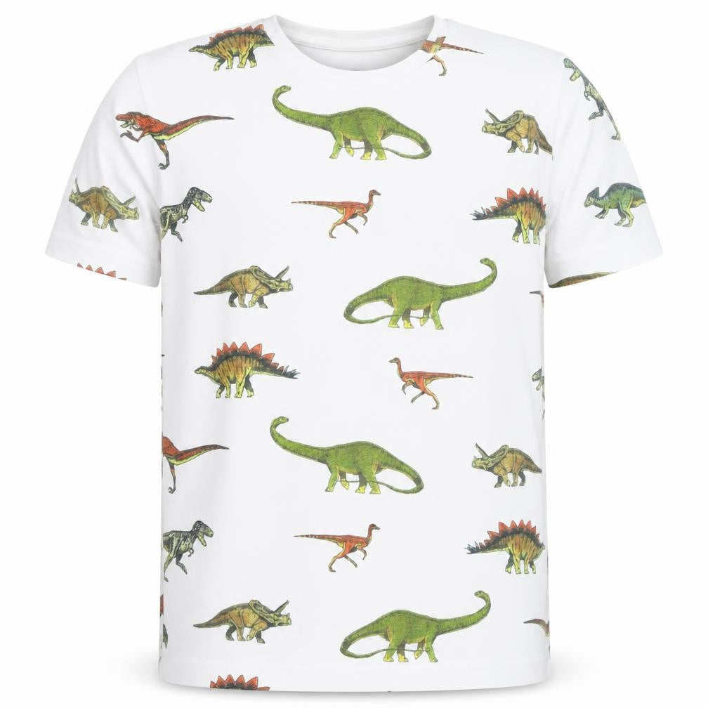 Batch1 Men's White Dinosaur Print Short Sleeve T-Shirt M Regular Fit