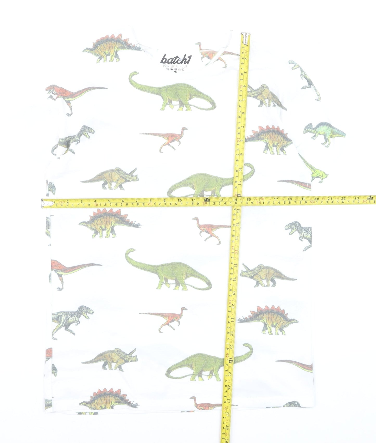Batch1 Men's White Dinosaur Print Short Sleeve T-Shirt M Regular Fit