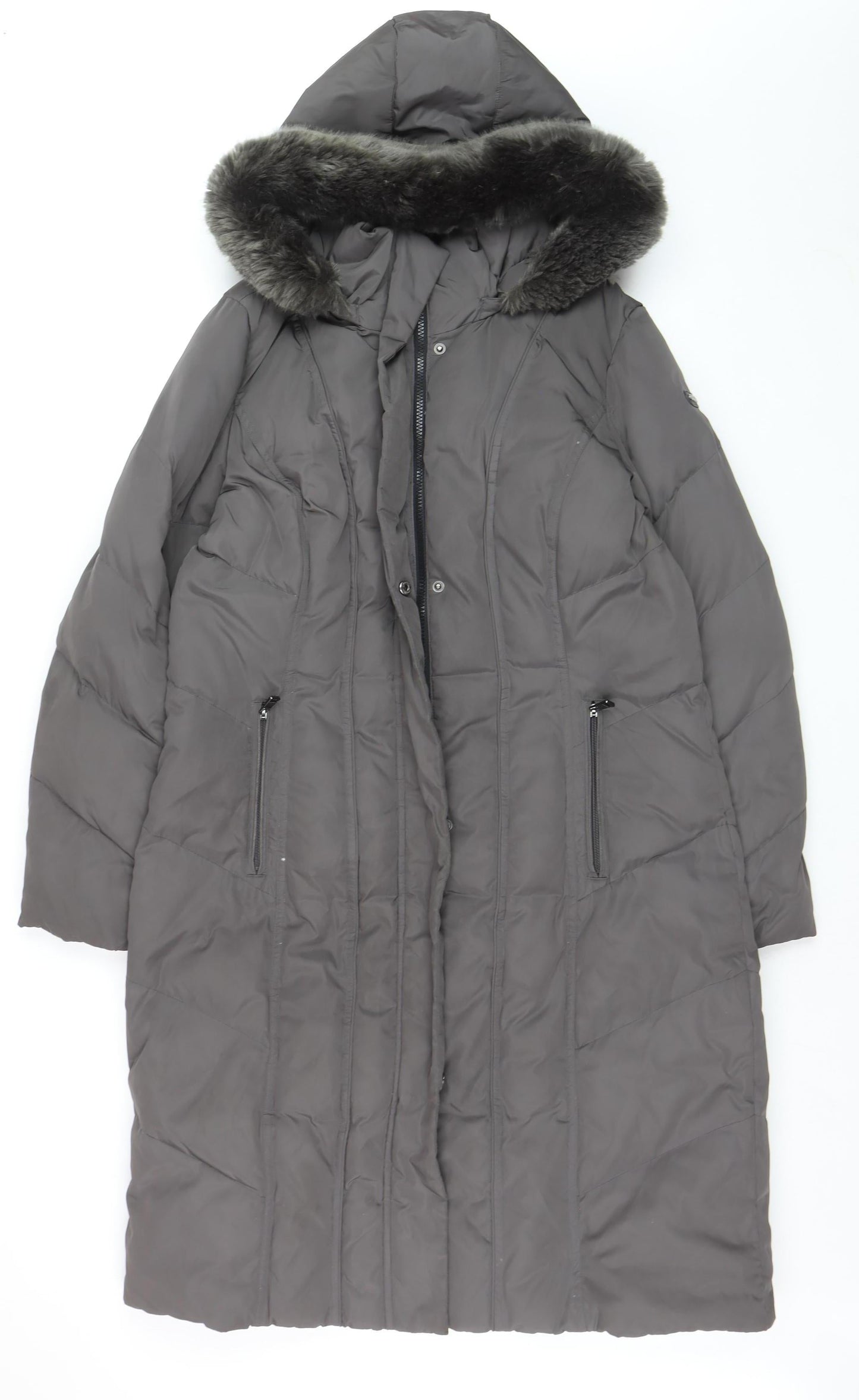 Calvin Klein Women's Grey Long Puffer Coat Faux Fur Hood Size L
