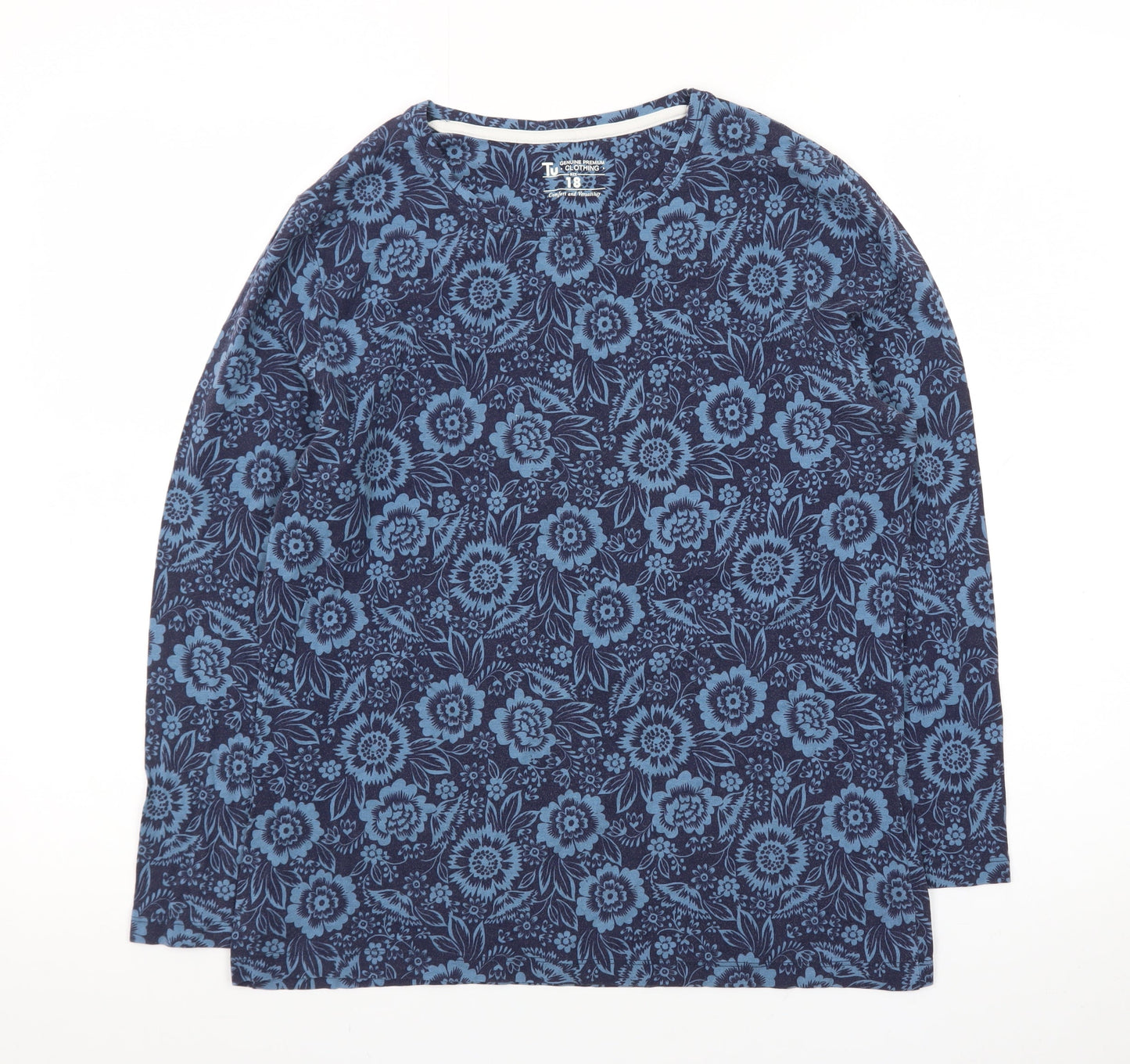 Tu Womens Blue Floral Long Sleeve Cotton T-Shirt Size 18
