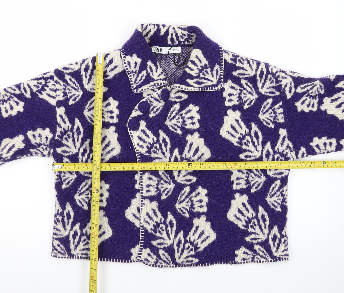 Zara Women Purple Floral Wool Blend Collared Cardigan M