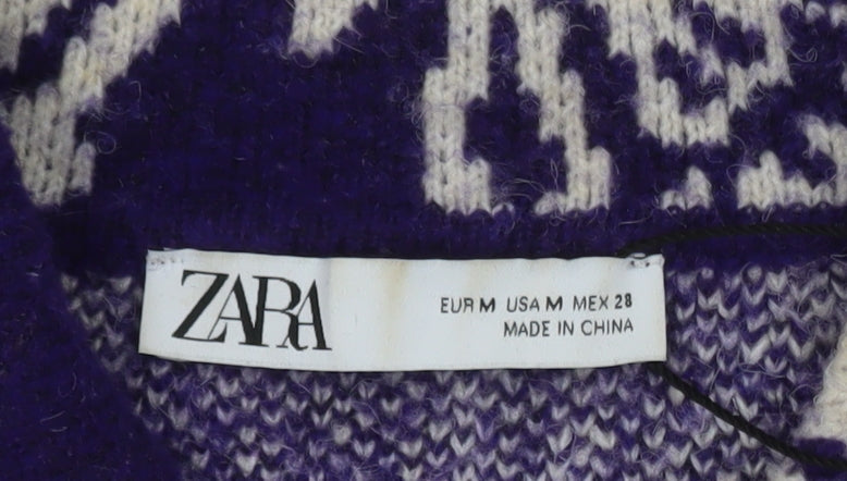 Zara Women Purple Floral Wool Blend Collared Cardigan M