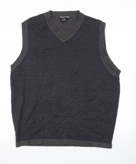 WinterSilks Men's Grey Silk Cashmere V-Neck Sleeveless Vest L