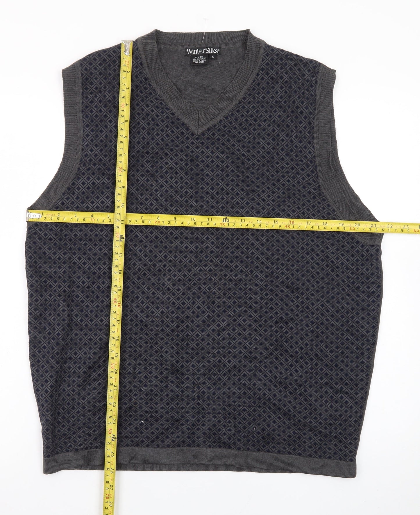 WinterSilks Men's Grey Silk Cashmere V-Neck Sleeveless Vest L