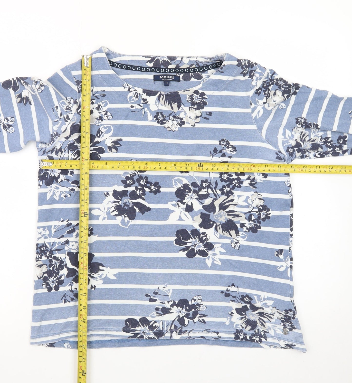 Maine New England Women's Blue Floral Stripe 3/4 Sleeve Cotton T-Shirt Size 16