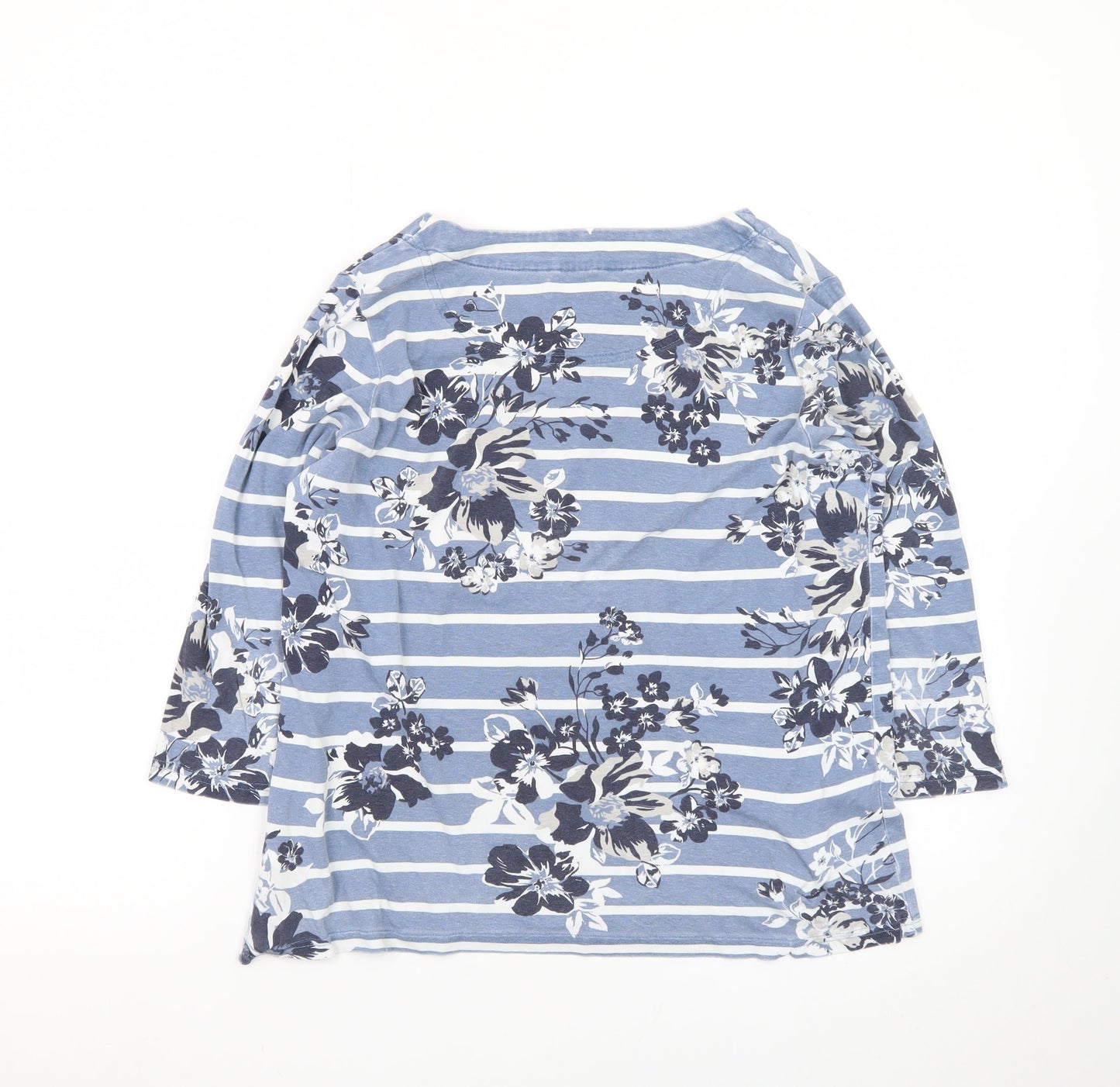 Maine New England Women's Blue Floral Stripe 3/4 Sleeve Cotton T-Shirt Size 16