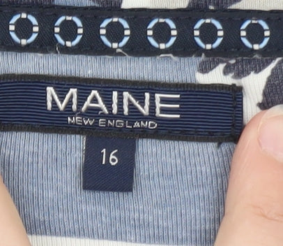Maine New England Women's Blue Floral Stripe 3/4 Sleeve Cotton T-Shirt Size 16