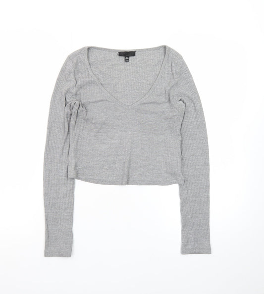 Topshop Women’s Grey Ribbed Cropped Long Sleeve V-Neck Top Size 8