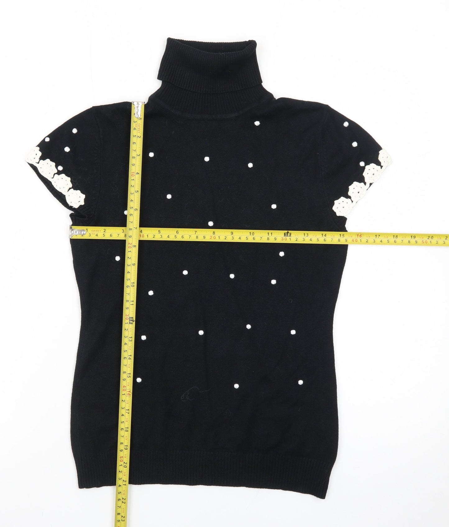 JOY London Black Roll Neck Short Sleeve Polka Dot Jumper Womens M