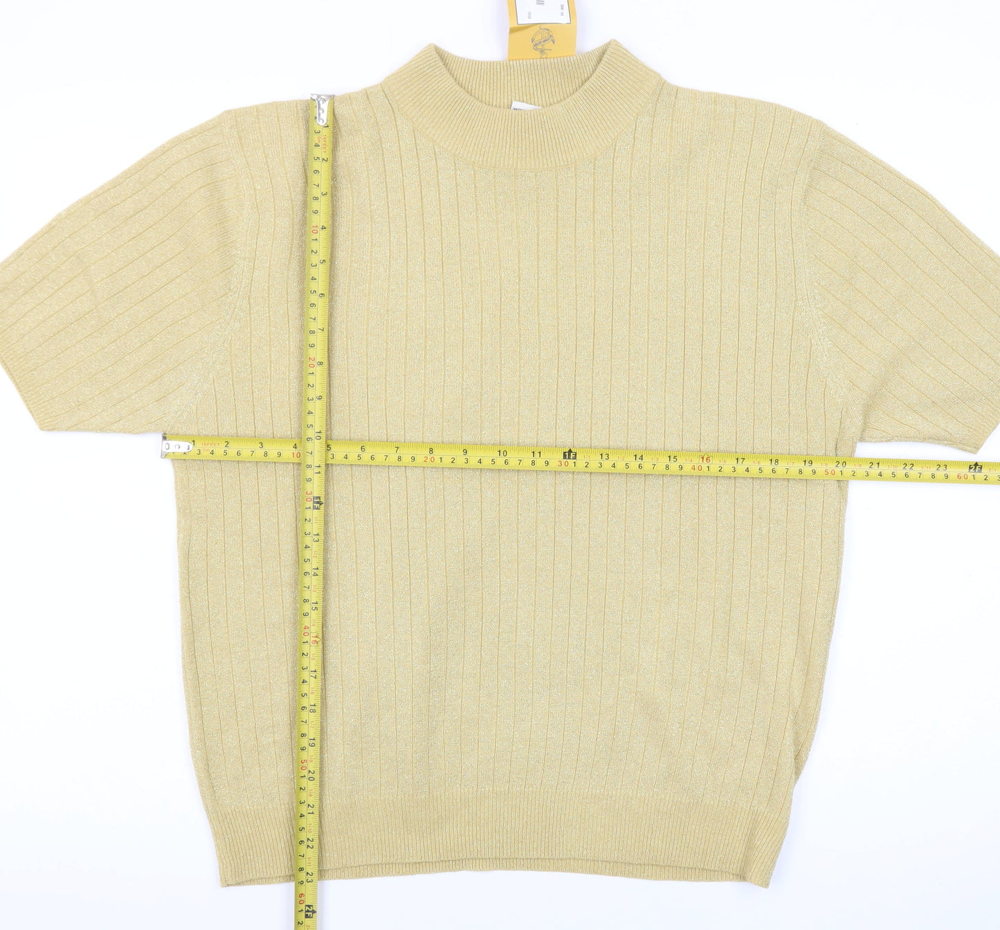 Sag Harbor Women's Gold Knit Mock Neck Short Sleeve Blouse Size L