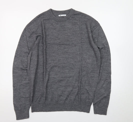 Zara Men's Grey Wool Crew Neck Pullover Jumper XL