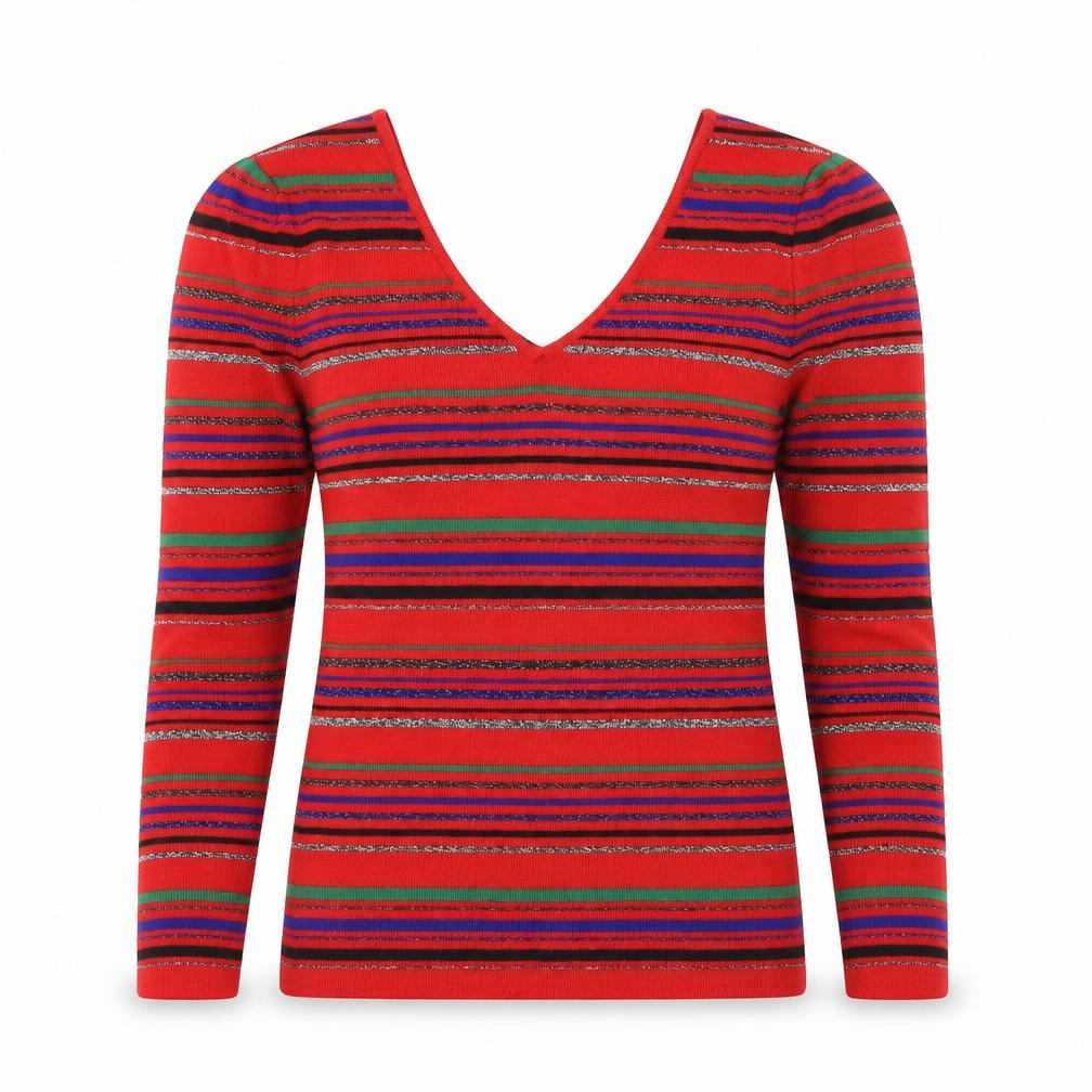 Overture Women Red Multicoloured Striped V-Neck Pullover Jumper S