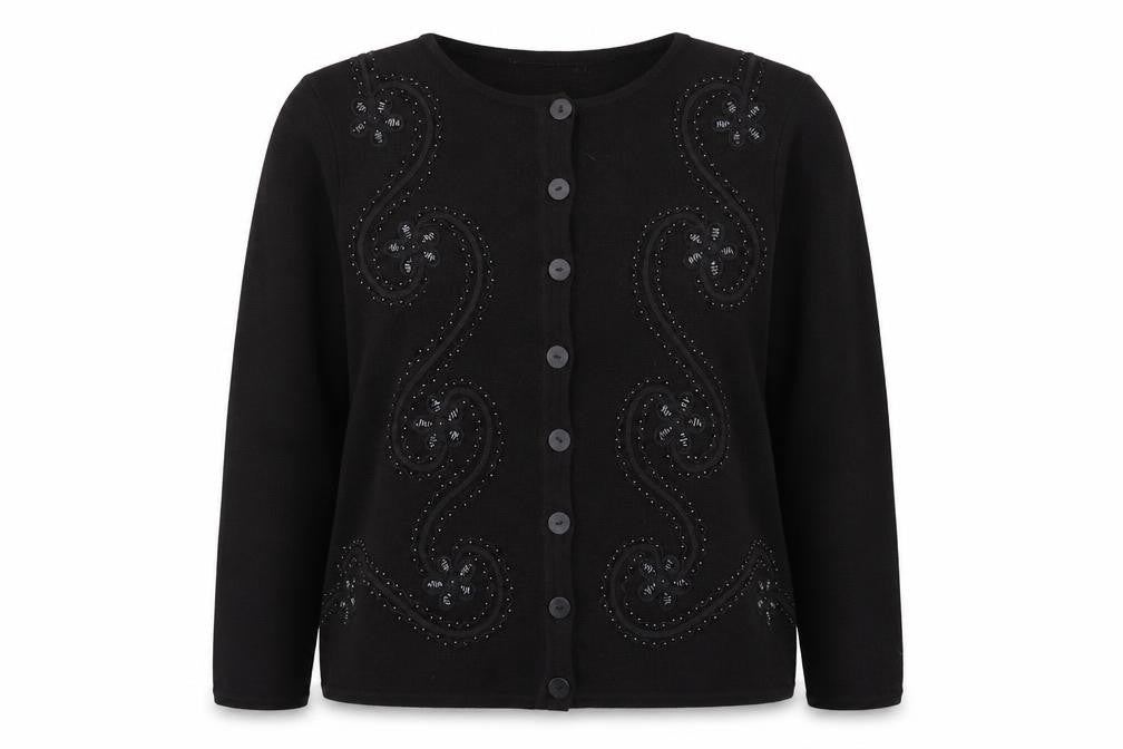 Bonmarché Women Black Beaded Button Cardigan L Long Sleeve Classic