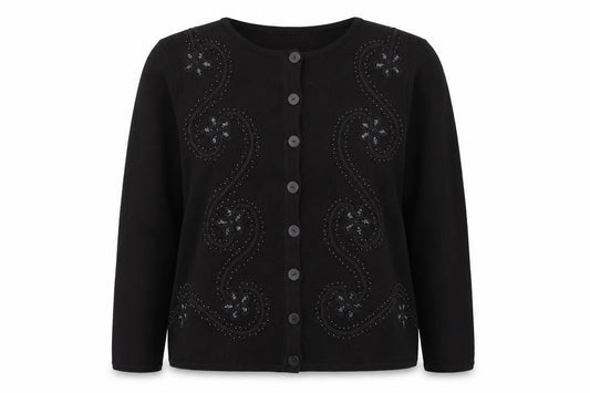 Bonmarché Women Black Beaded Button Cardigan L Long Sleeve Classic