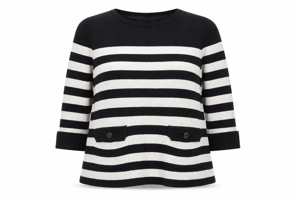 Marks & Spencer Women Black Beige Striped Jumper UK 14 3/4 Sleeve