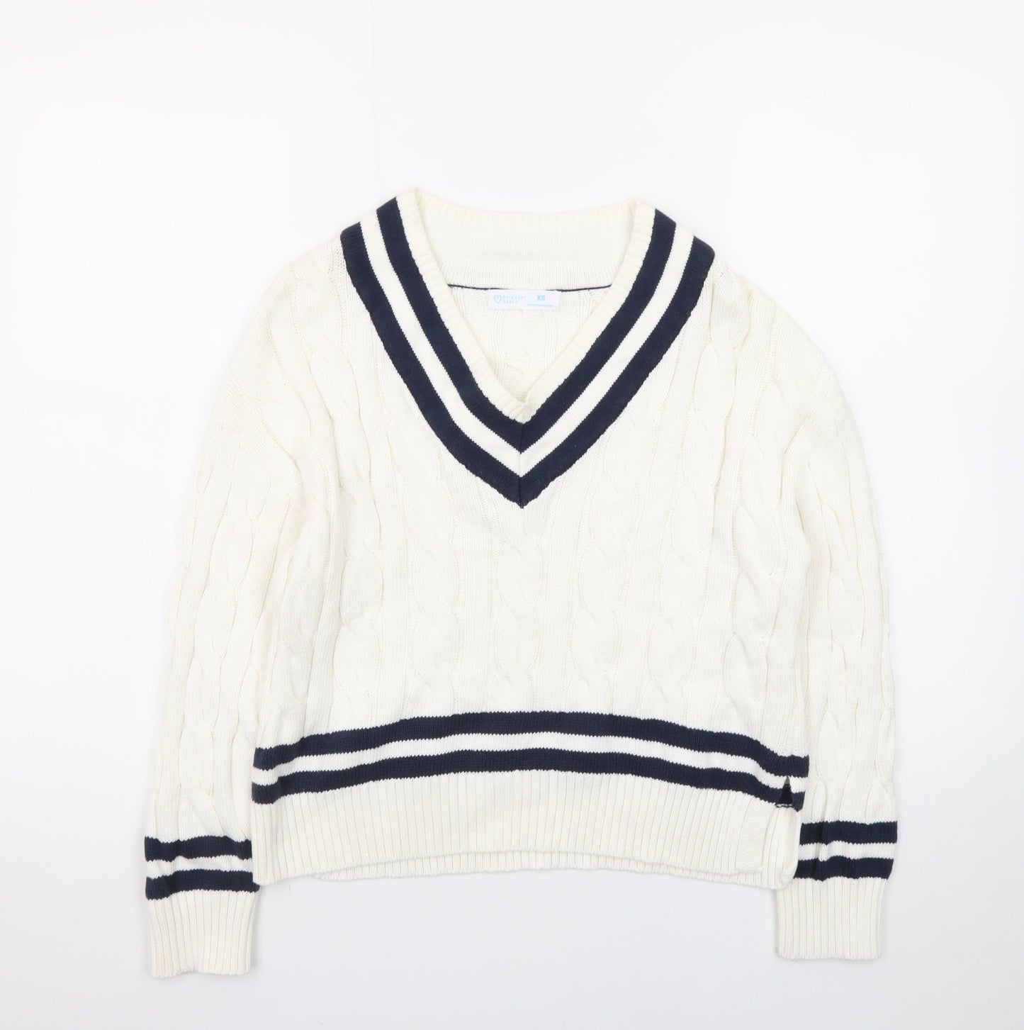 Primark Womens Ivory V-Neck Cable-Knit Jumper XS