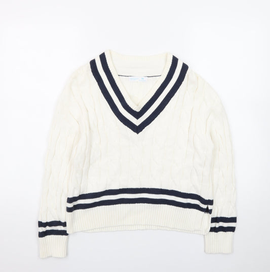 Primark Womens Ivory V-Neck Cable-Knit Jumper XS