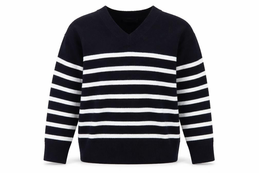 Marks & Spencer Women's Navy Stripe V-Neck Jumper Medium