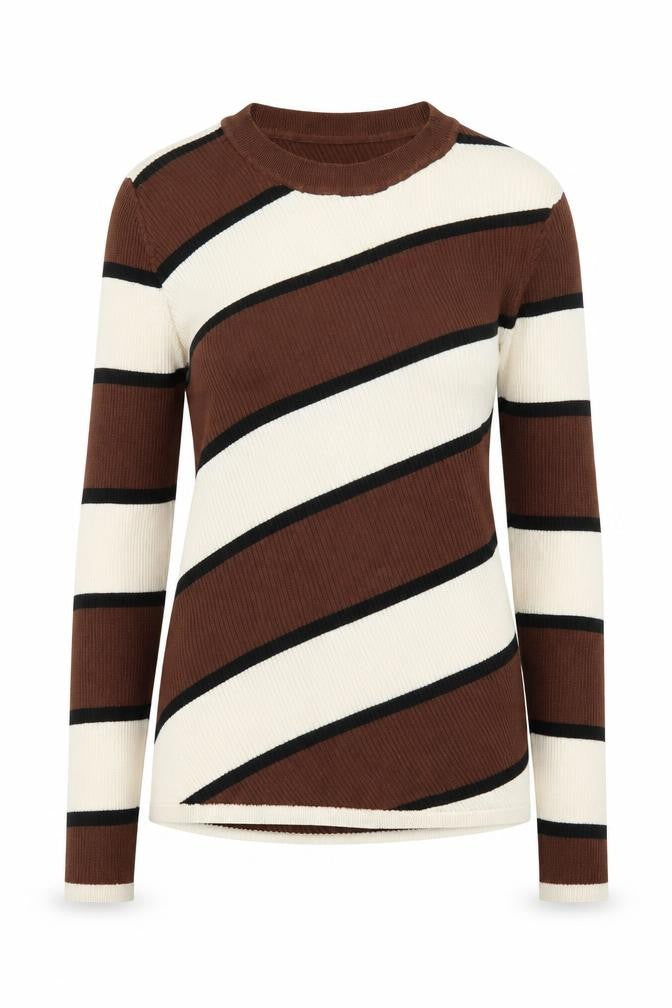 Mango Women Brown Striped Crew Neck Long Sleeve Pullover Jumper Size L