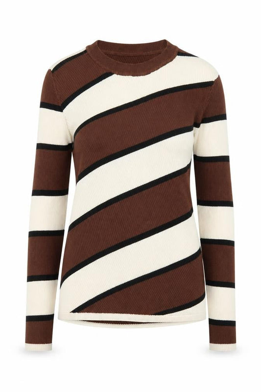 Mango Women Brown Striped Crew Neck Long Sleeve Pullover Jumper Size L