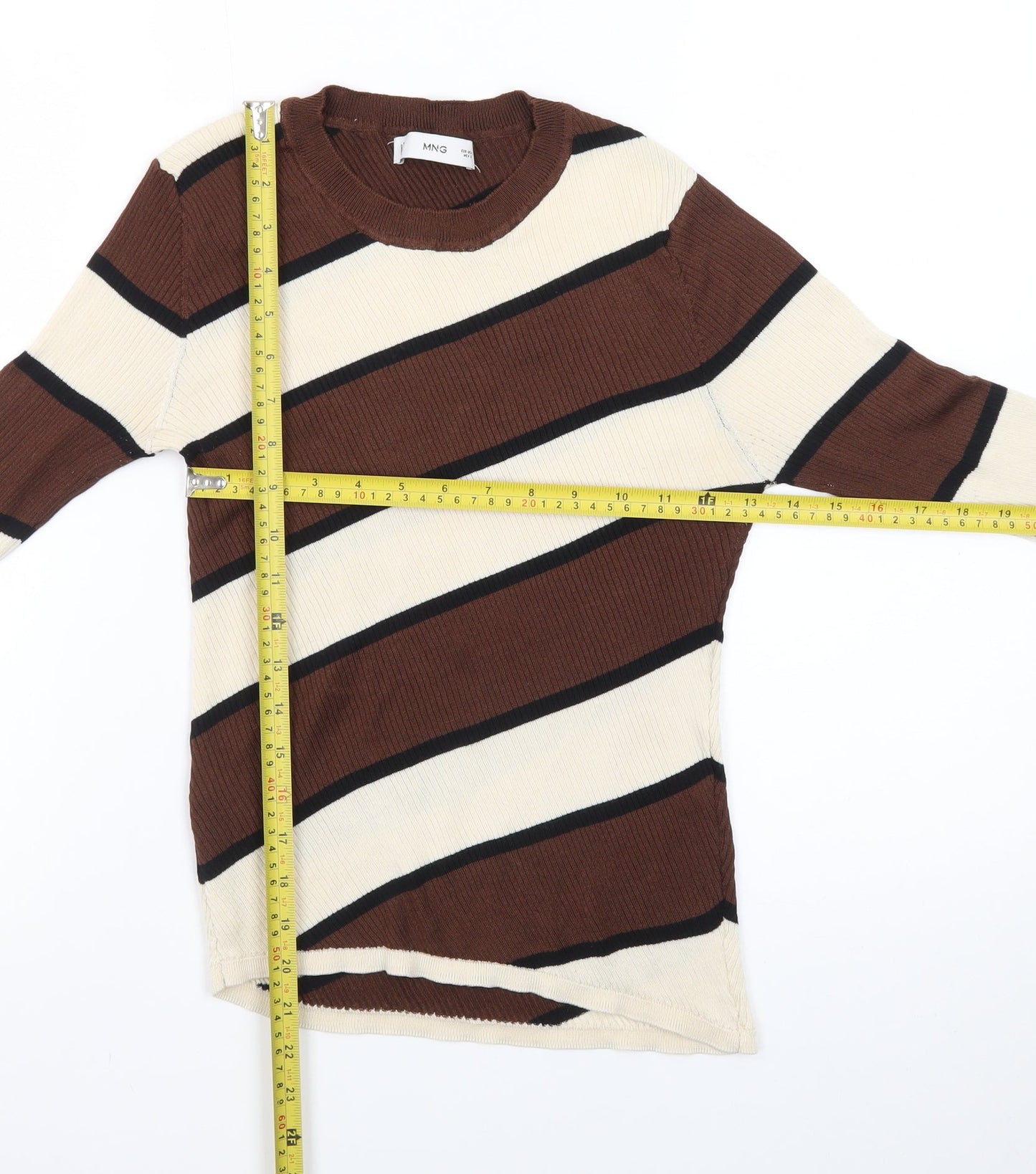 MNG Women Brown Striped Crew Neck Long Sleeve Pullover Jumper Size L