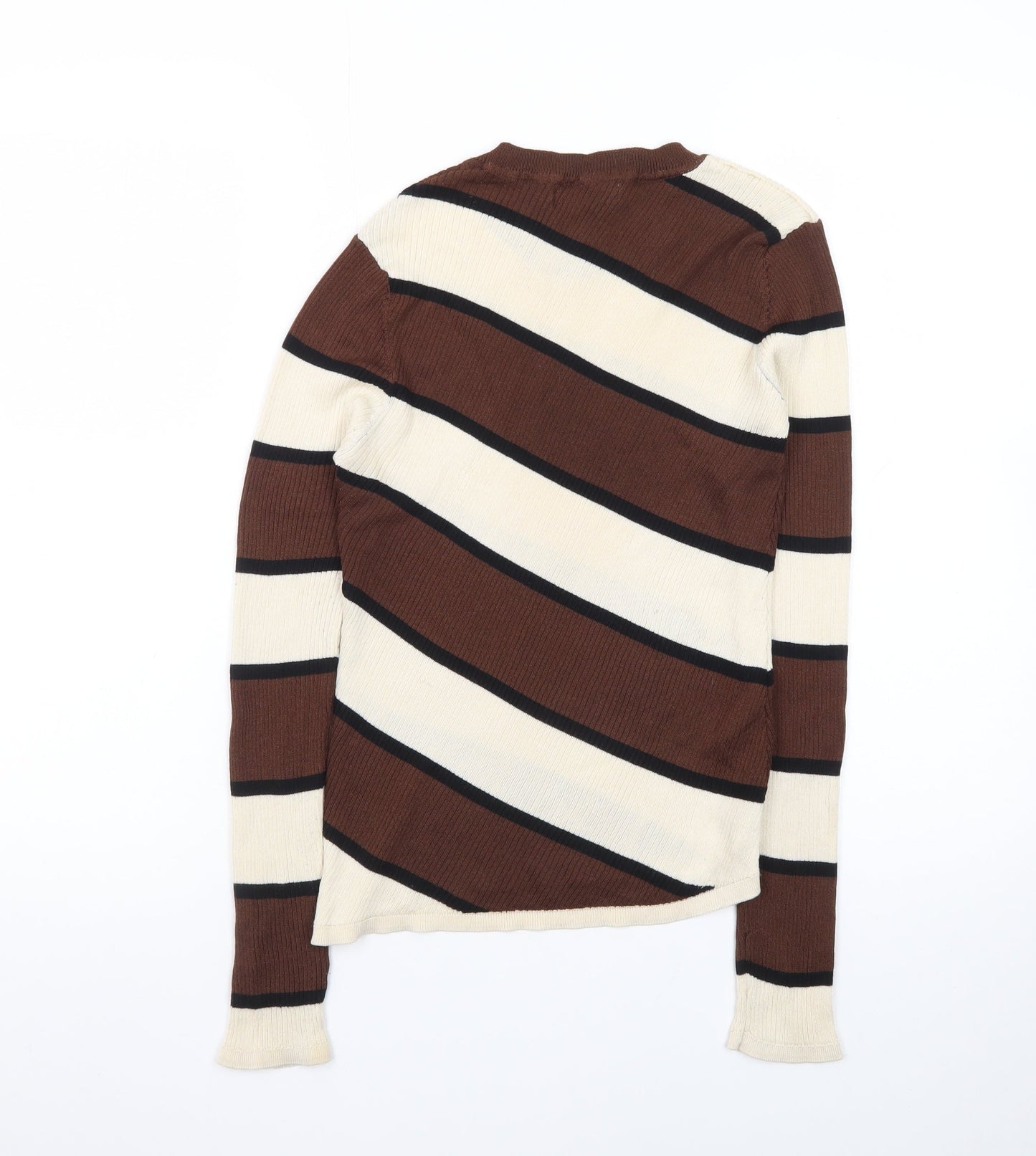 MNG Women Brown Striped Crew Neck Long Sleeve Pullover Jumper Size L
