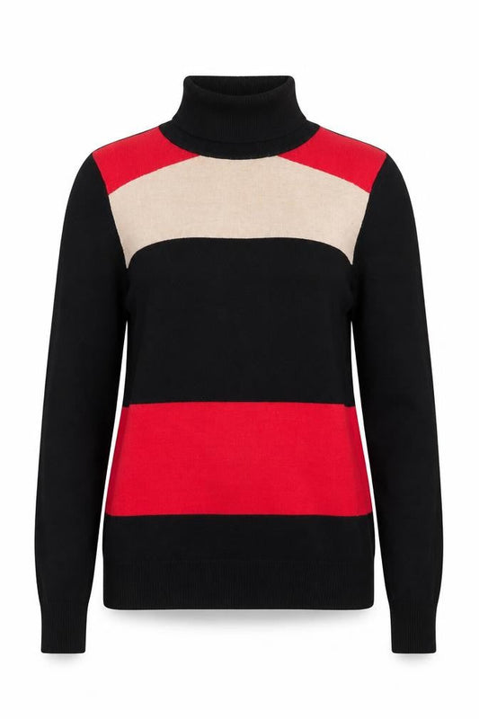 Wallis Women’s Black Red Beige Roll Neck Striped Jumper Size 14