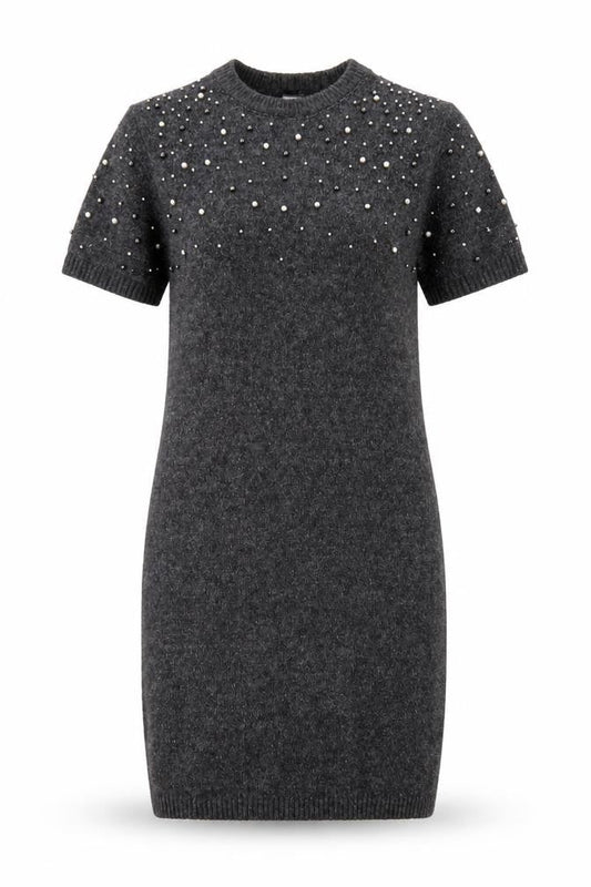H&M Women Grey Beaded Short Sleeve Jumper Dress Size 8