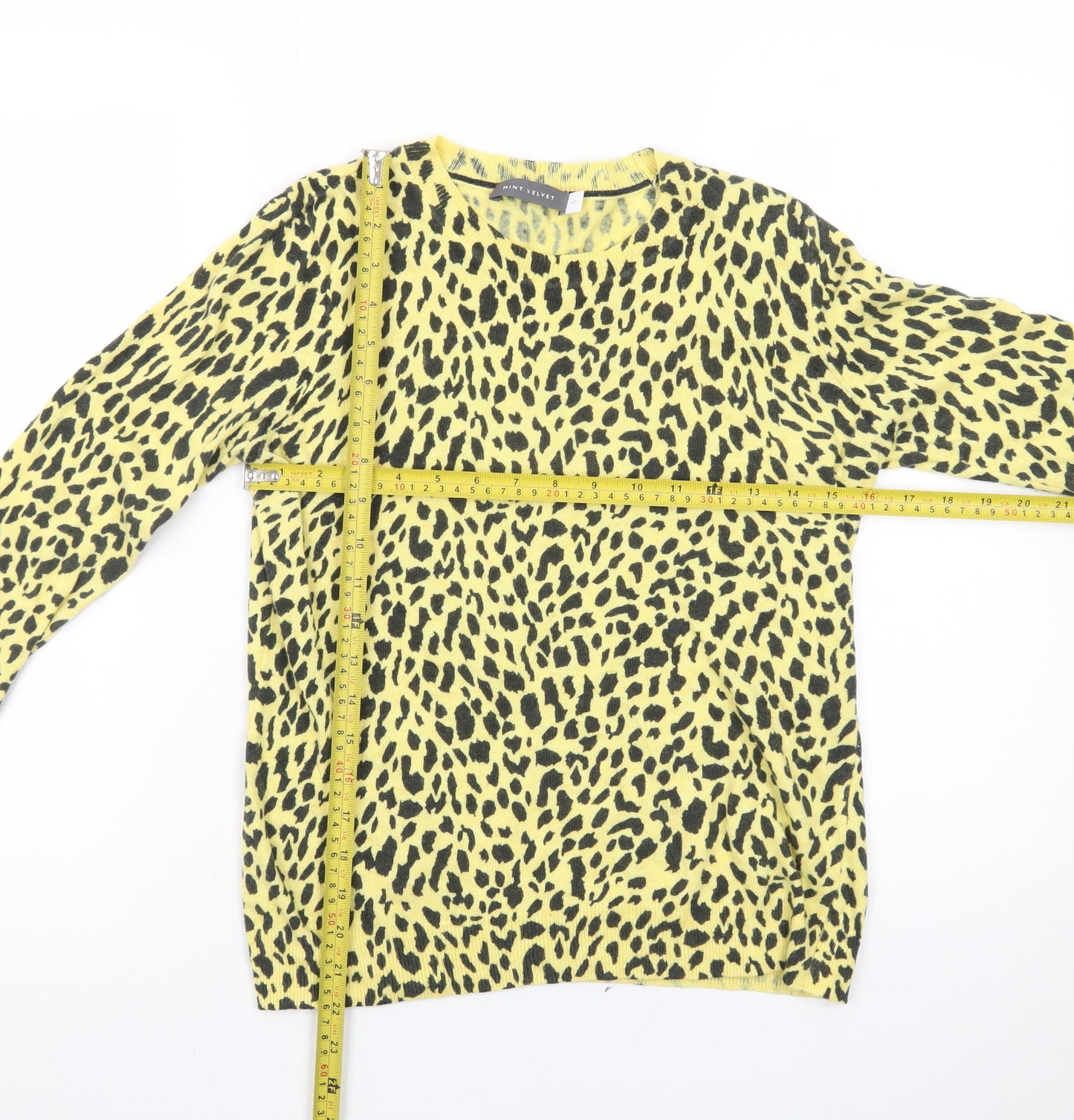 Mint Velvet Women's Yellow Animal Print Cotton Wool Jumper Size 10