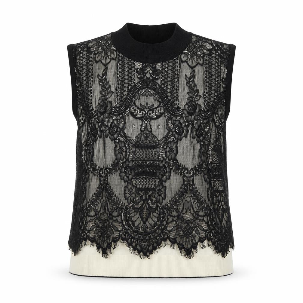 Oasis Womens Black Mock Neck Lace Sleeveless Knit Vest Size 14